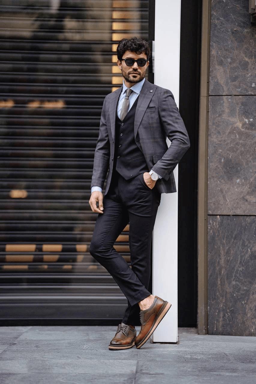 Guild Fermana Slim Fit Schwarz karierter Anzug