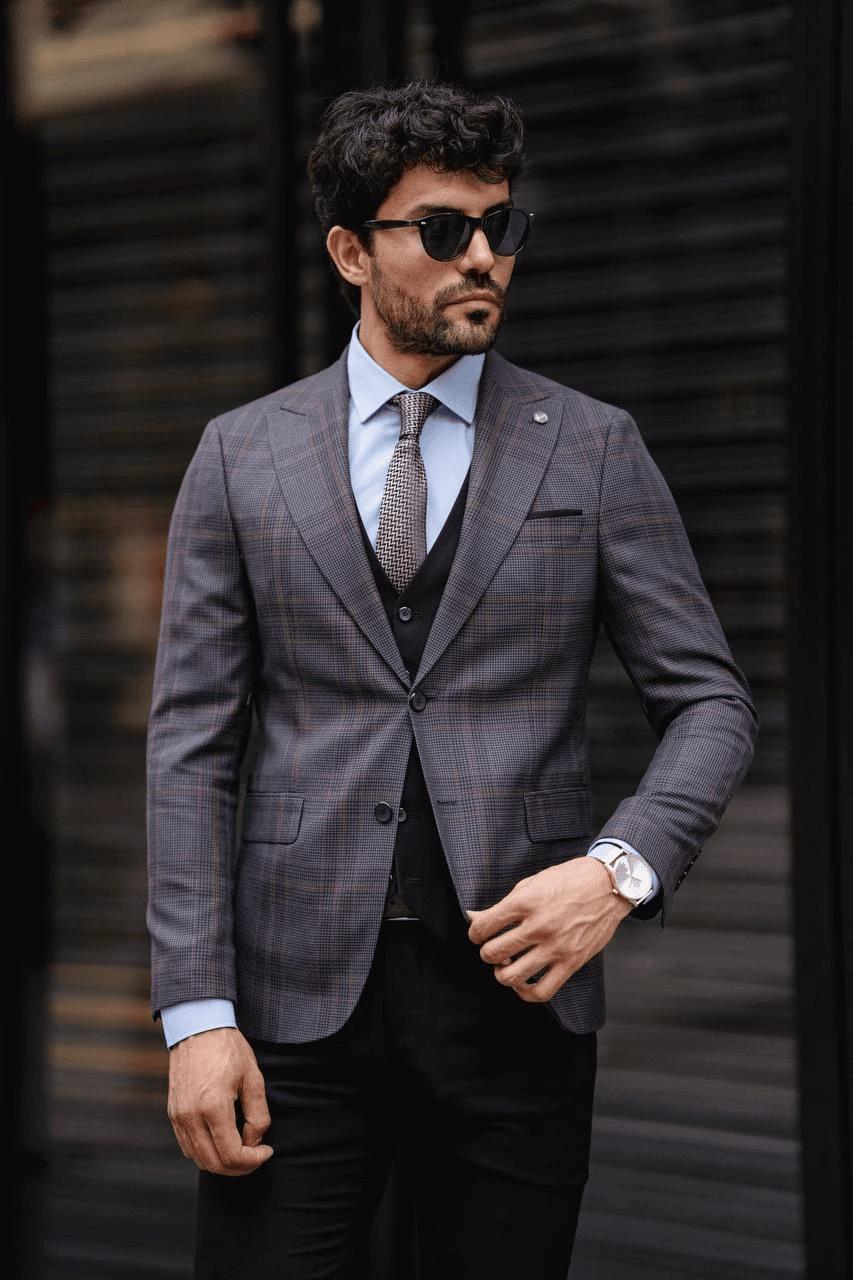 Guild Fermana Slim Fit Schwarz karierter Anzug
