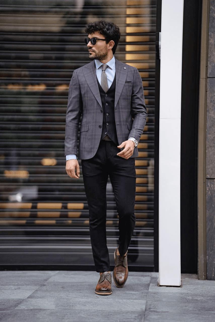 Guild Fermana Slim Fit Schwarz karierter Anzug