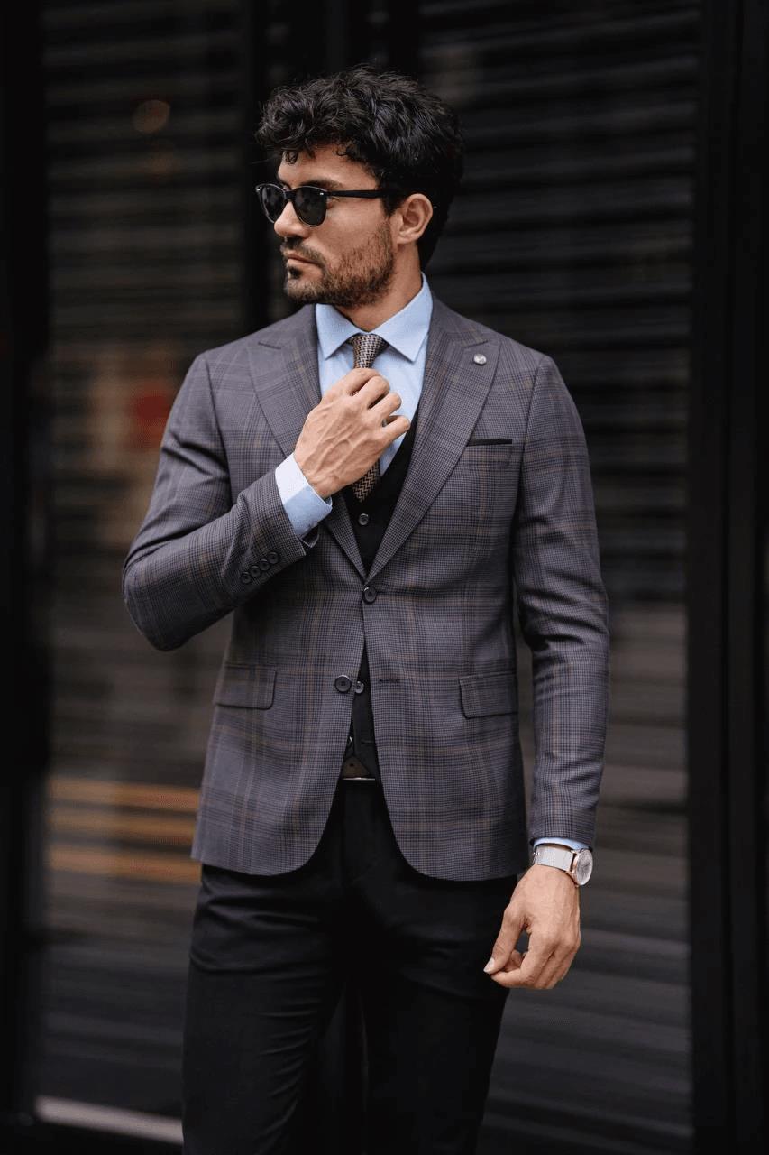 Guild Fermana Slim Fit Schwarz karierter Anzug