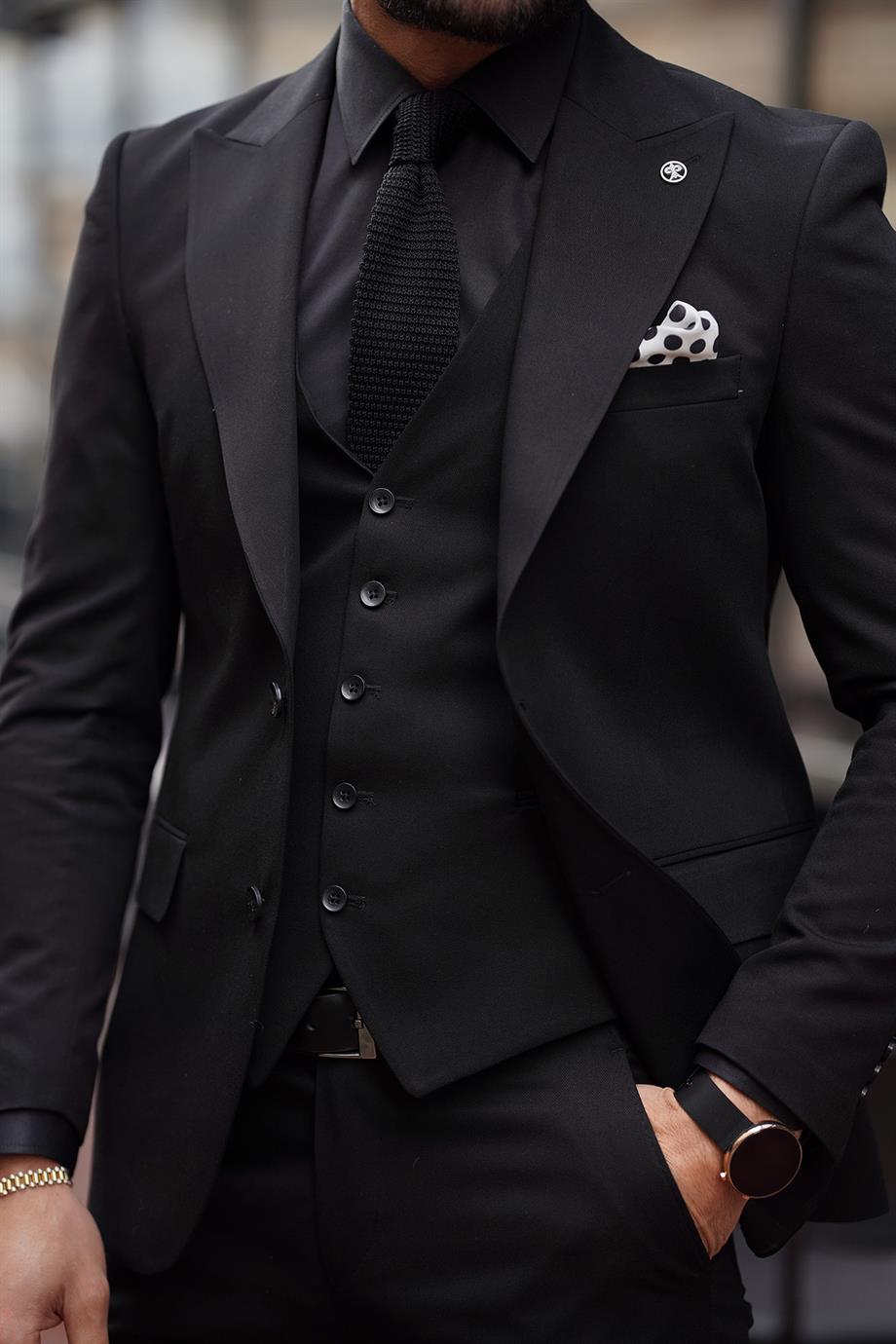 Guild Siyah Yelekli Takım Elbise Slim Fit