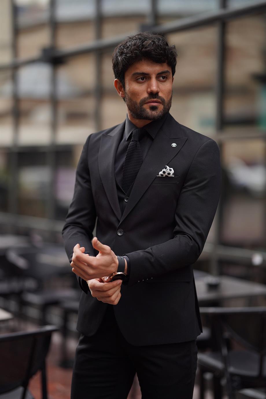 Guild Siyah Yelekli Takım Elbise Slim Fit