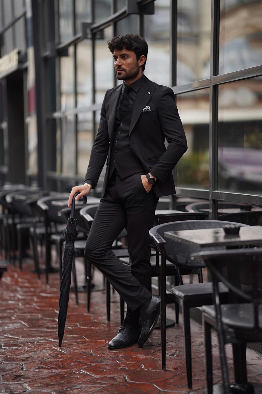 Guild Siyah Yelekli Takım Elbise Slim Fit