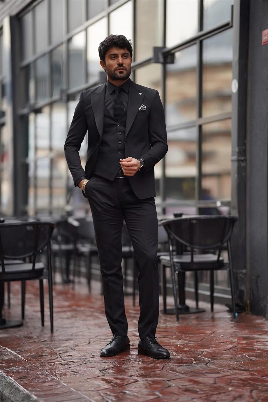 Guild Siyah Yelekli Takım Elbise Slim Fit