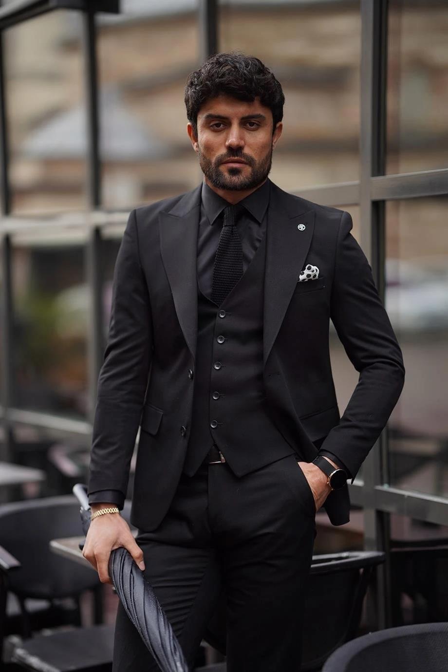 Guild Siyah Yelekli Takım Elbise Slim Fit
