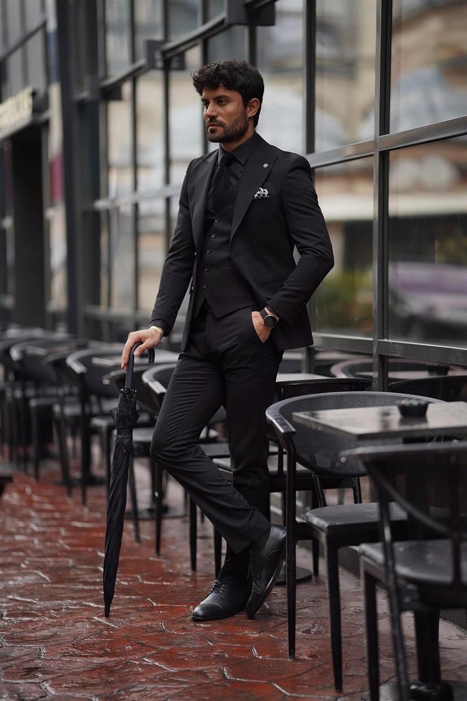 Guild Siyah Yelekli Takım Elbise Slim Fit