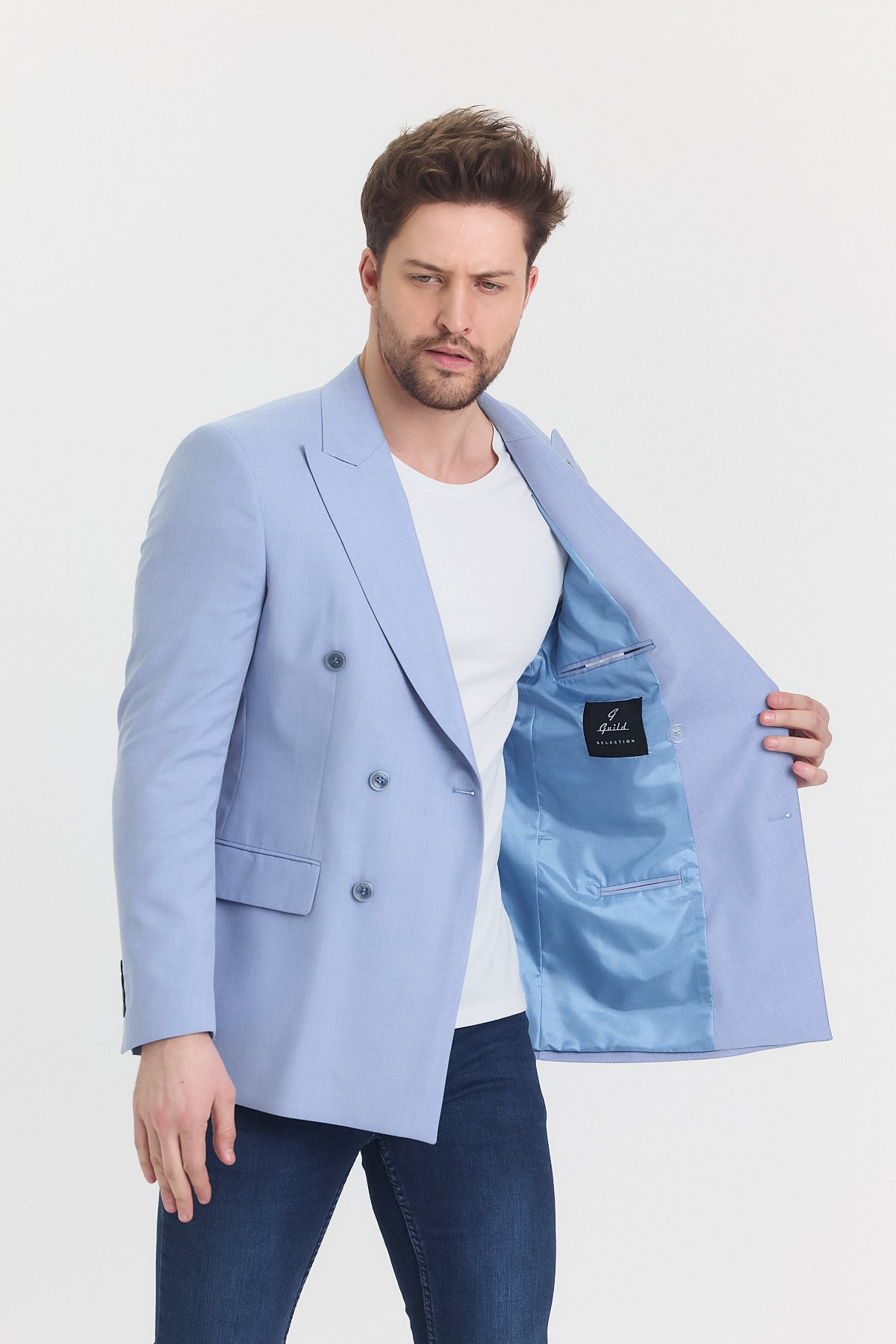 Blaue zweireihige Jacke von Guild Bern in schmaler Passform