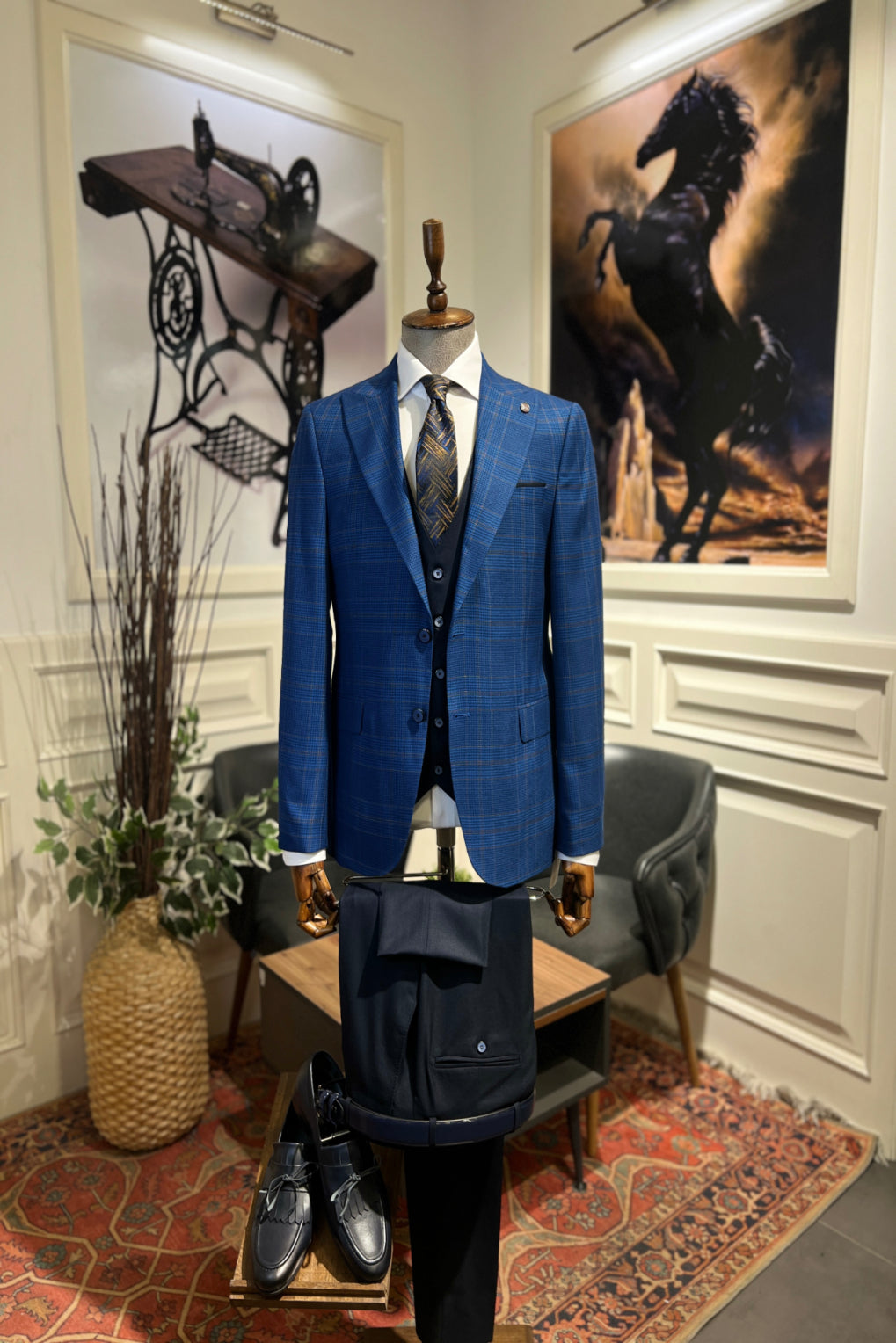 Guild Fermana Slim Fit Navy Blue Plaid Suit