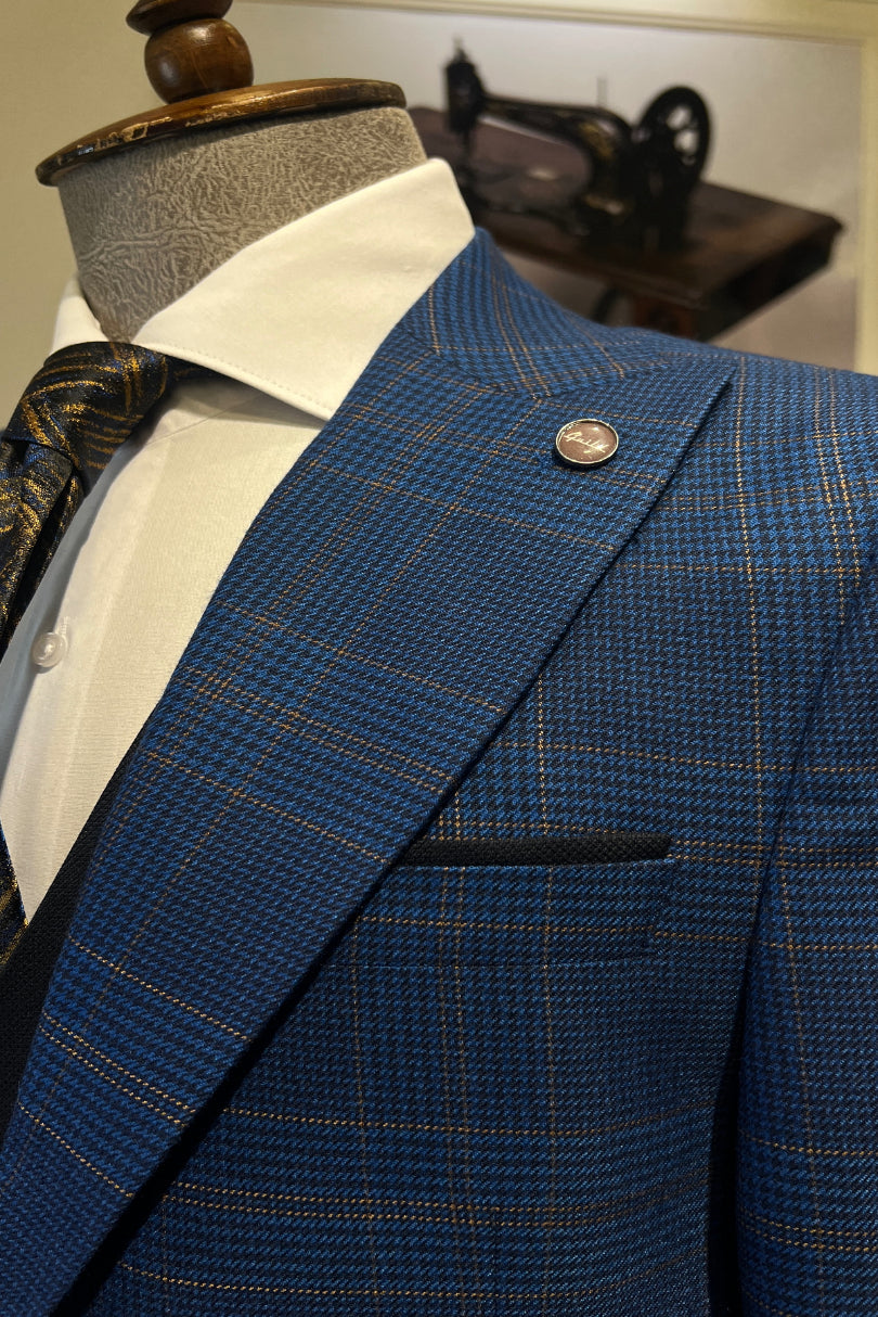 Guild Fermana Slim Fit Navy Blue Plaid Suit