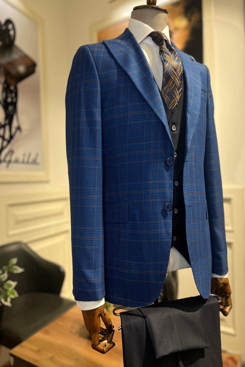 Guild Fermana Slim Fit Navy Blue Plaid Suit