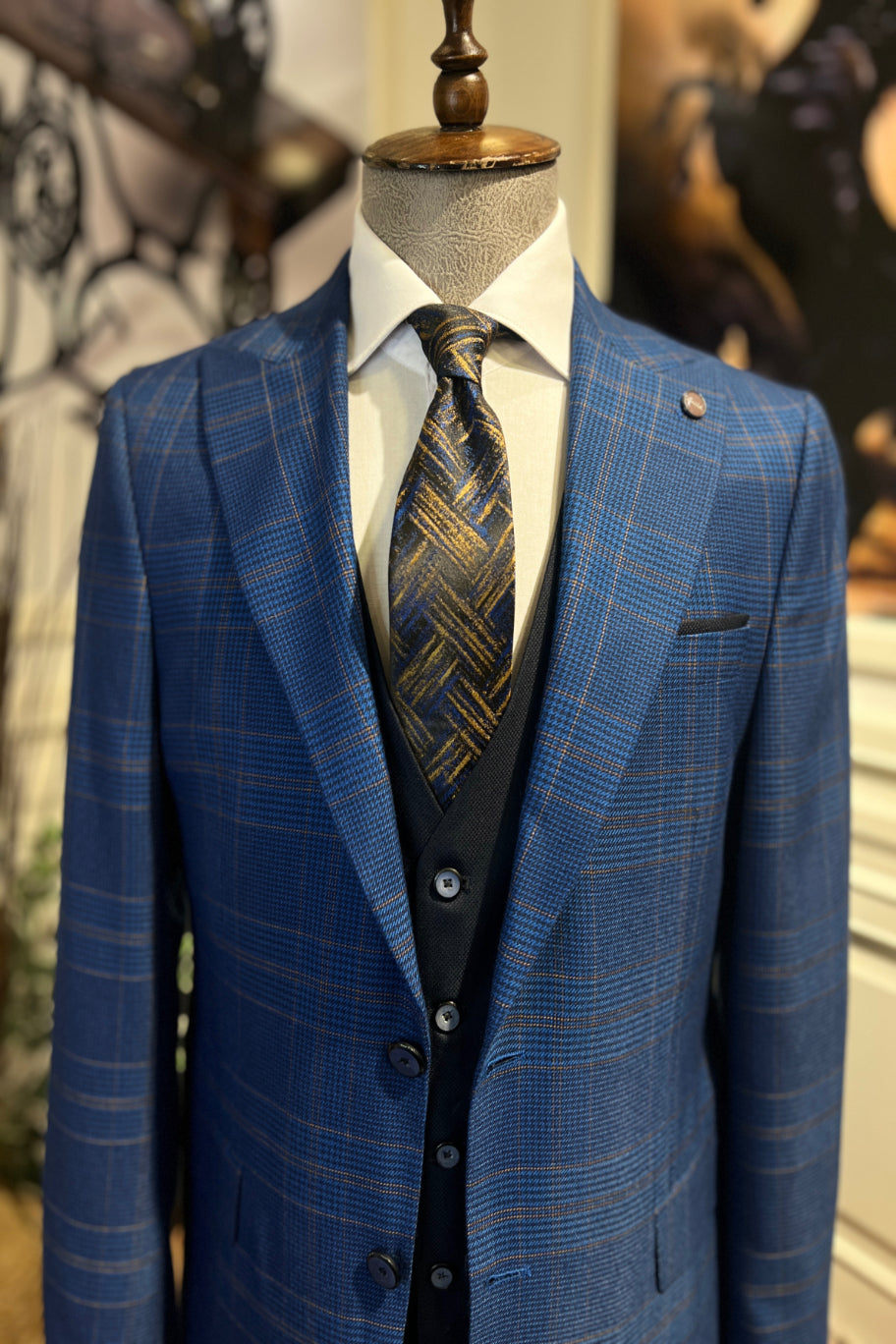Guild Fermana Slim Fit Navy Blue Plaid Suit