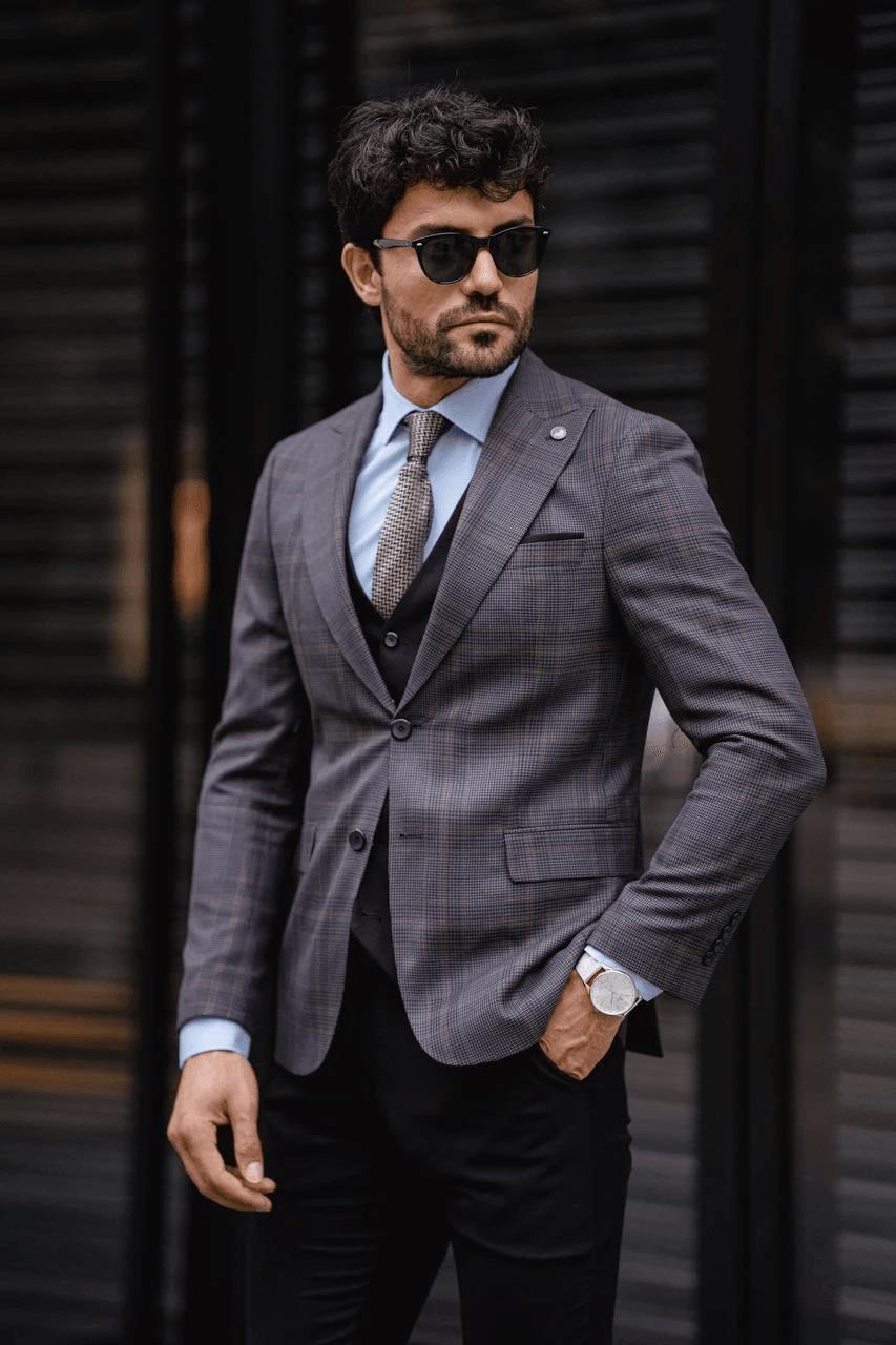 Guild Fermana Slim Fit Schwarz karierter Anzug