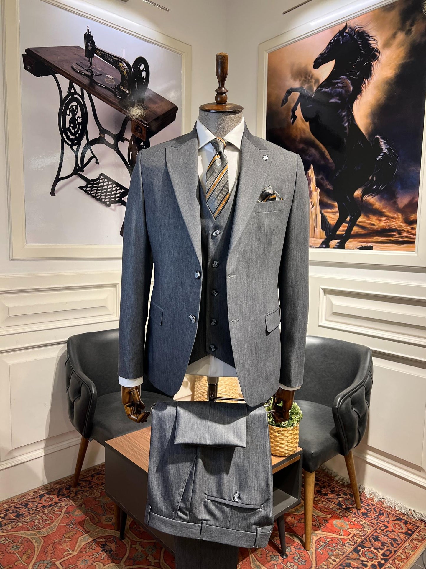 Guild Plav B-strech Slim Fit Antrasit Yelekli Takım Elbise