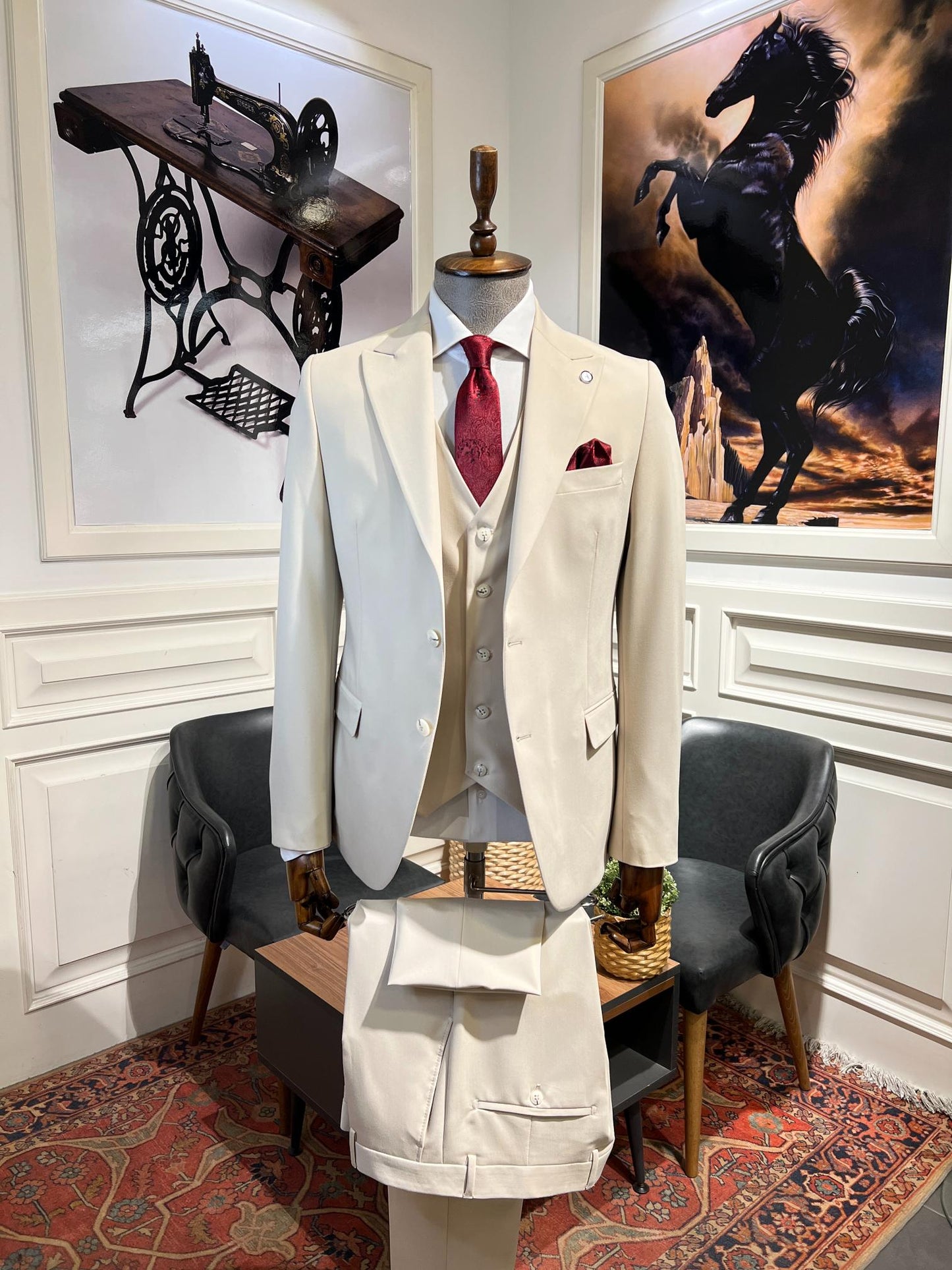 Guild Plav B-strech Slim Fit Krem Yelekli Takım Elbise