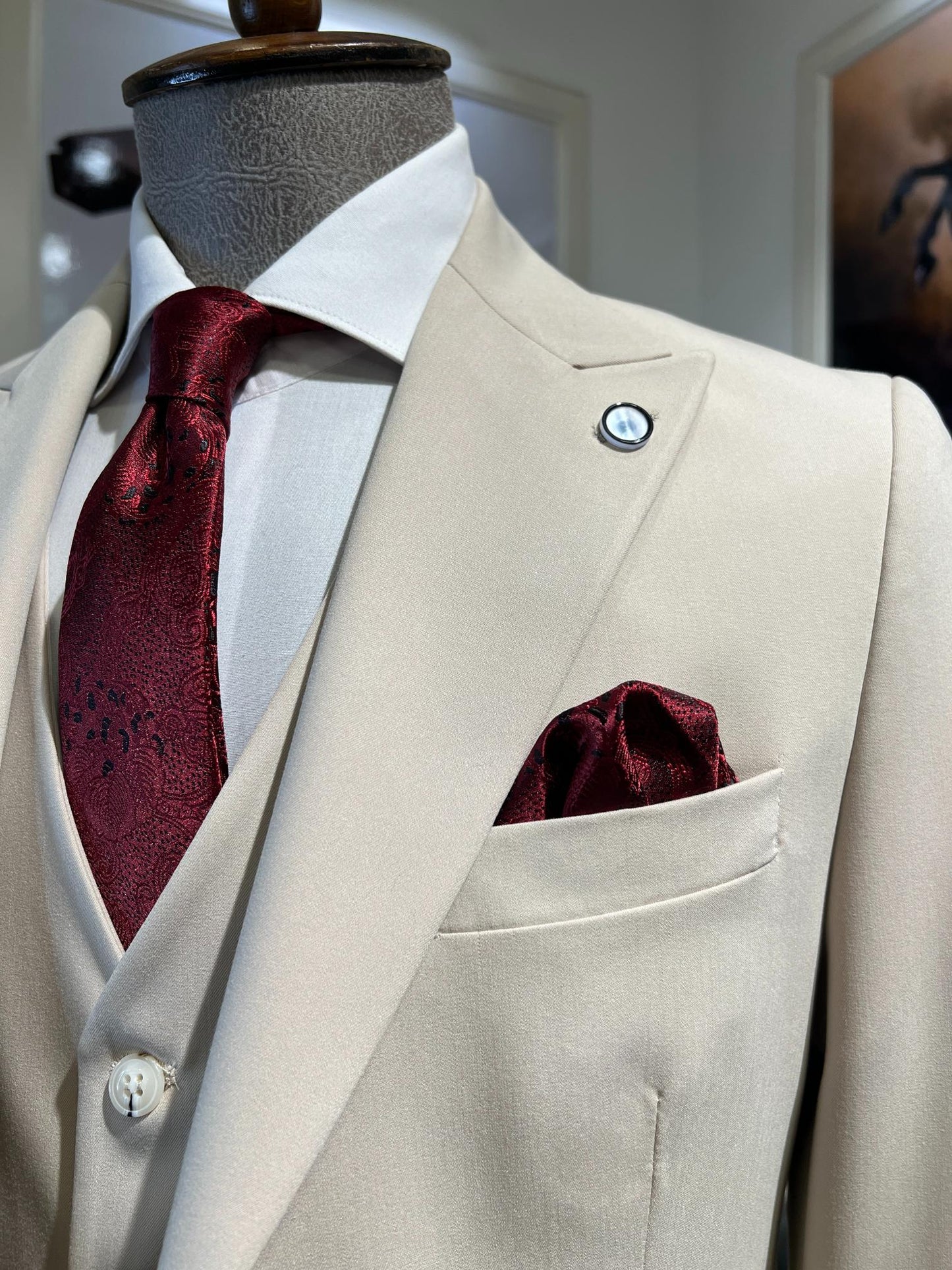 Guild Plav B-strech Slim Fit Krem Yelekli Takım Elbise