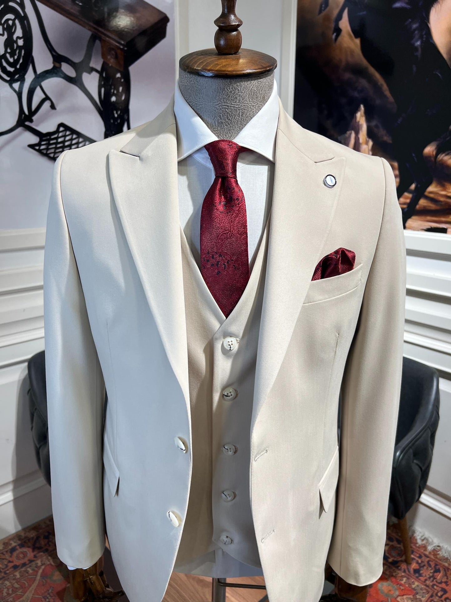Guild Plav B-strech Slim Fit Krem Yelekli Takım Elbise