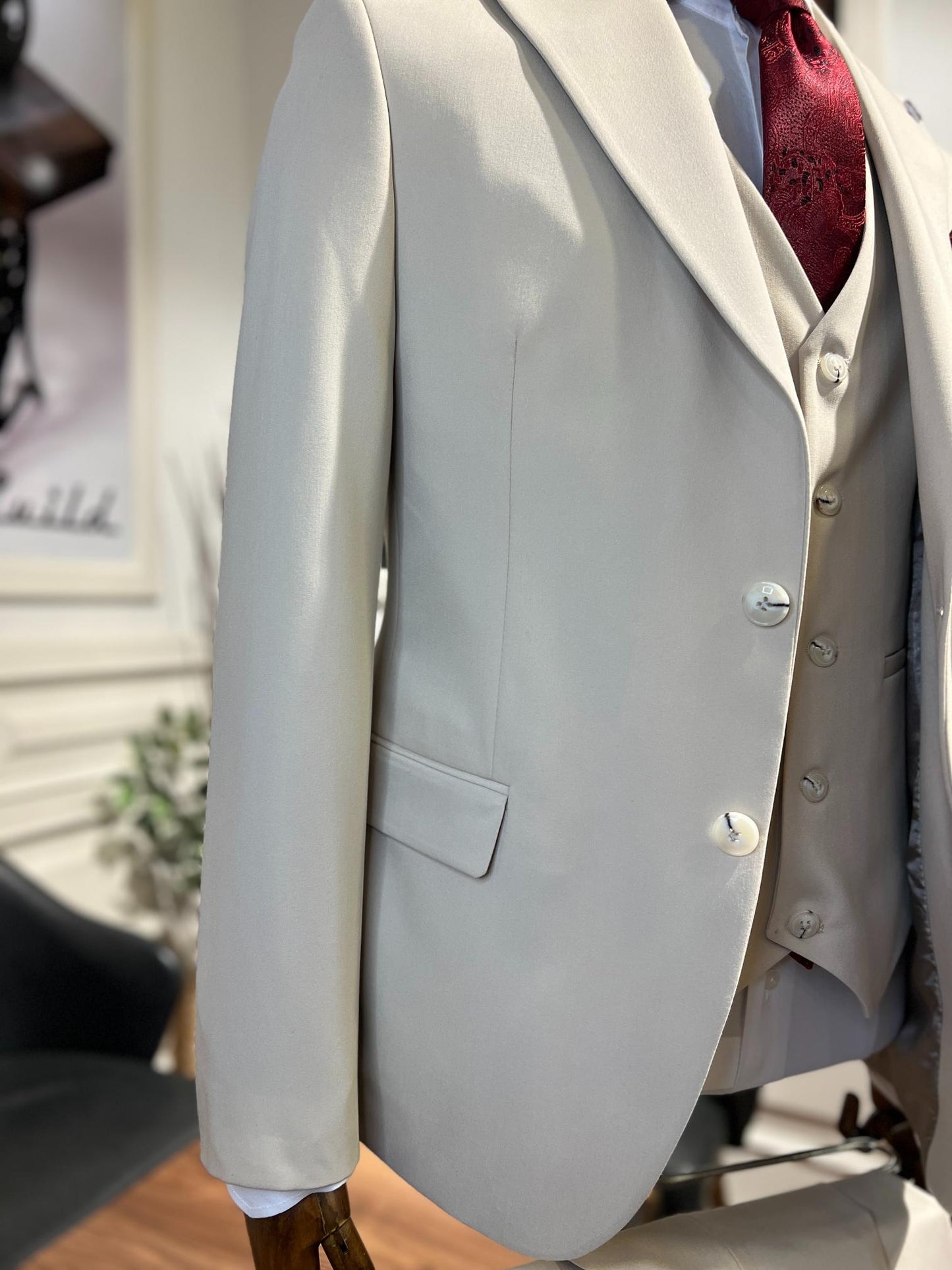 Guild Plav B-strech Slim Fit Krem Yelekli Takım Elbise