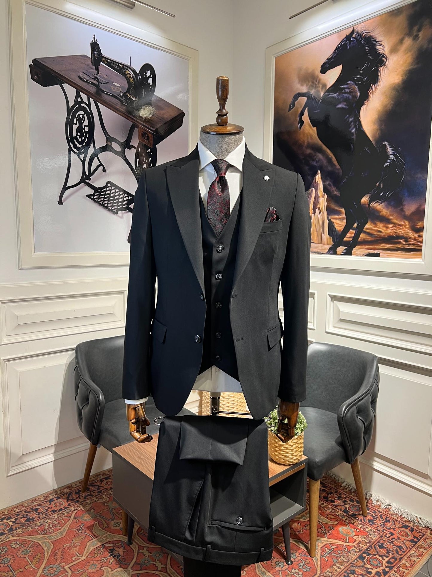 Guild Plav B-strech Slim Fit Siyah Yelekli Takım Elbise