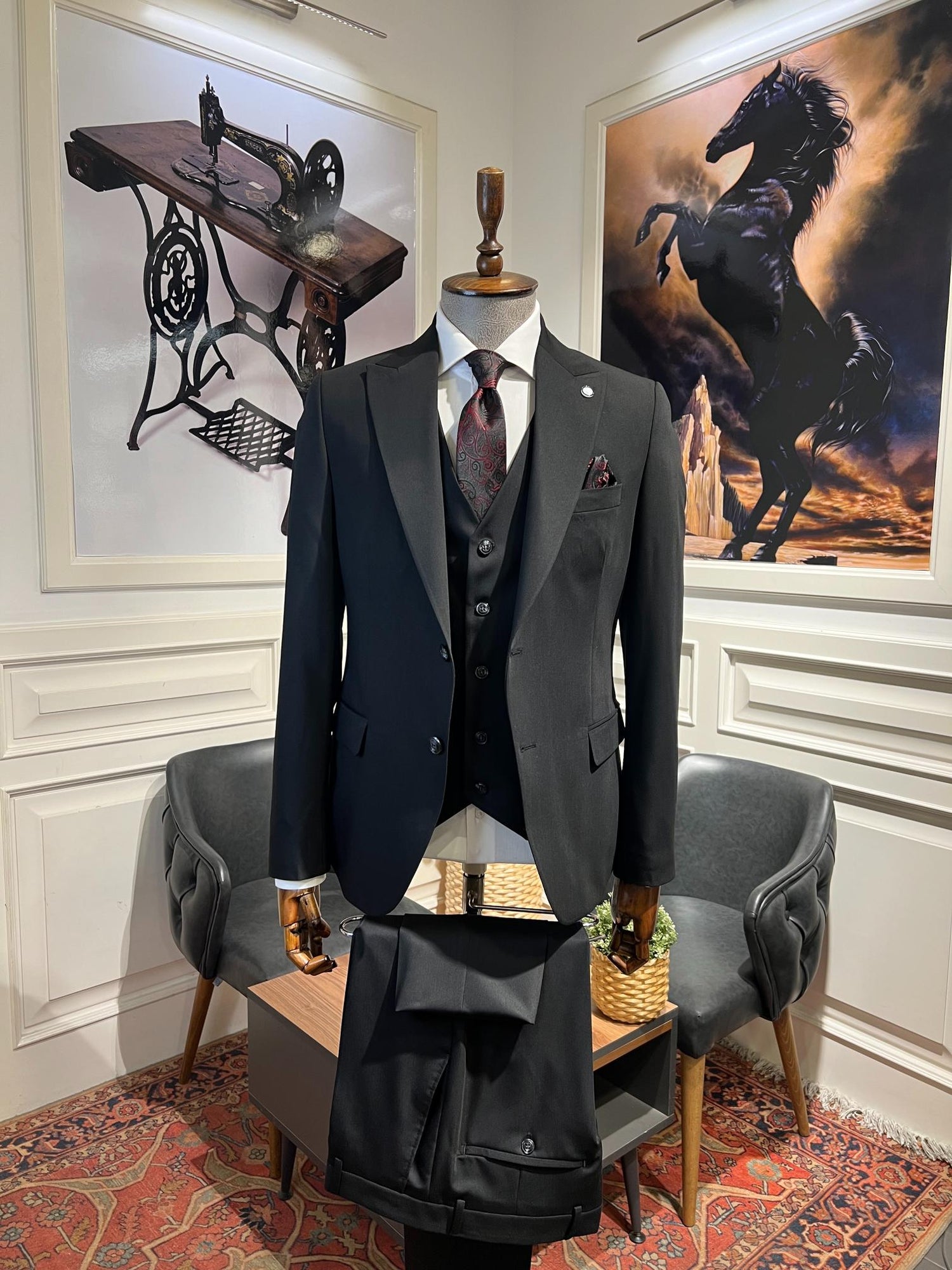 Guild Plav B-strech Slim Fit Siyah Yelekli Takım Elbise