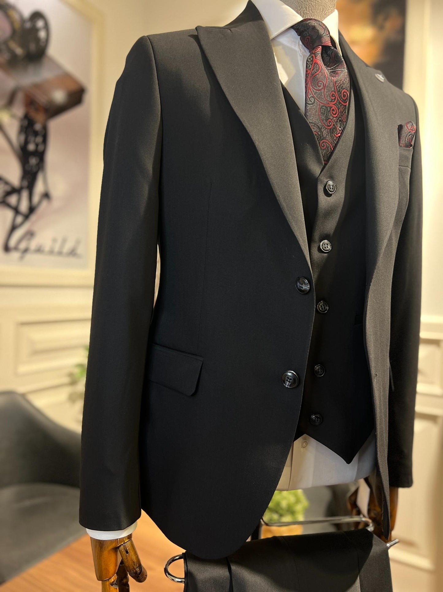 Guild Plav B-strech Slim Fit Siyah Yelekli Takım Elbise