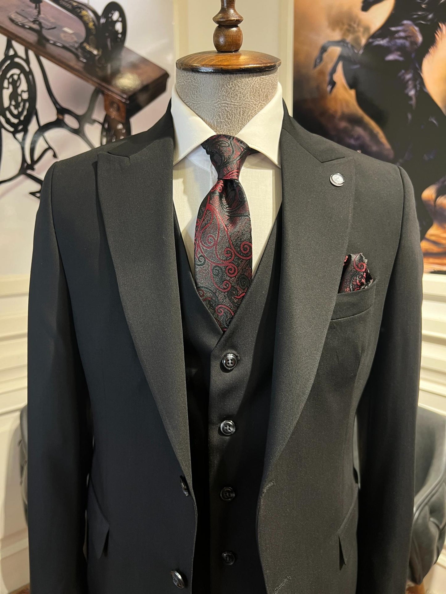 Guild Plav B-strech Slim Fit Siyah Yelekli Takım Elbise