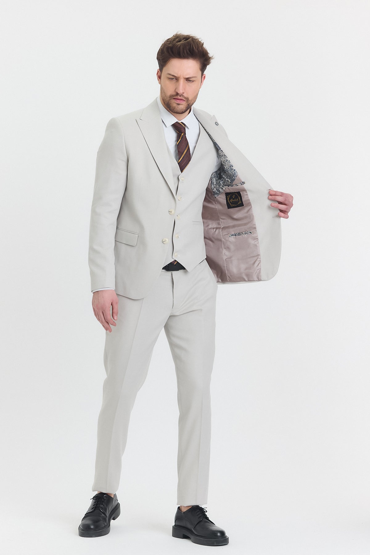 Guild Risan Slim Fit Krem Yelekli Takım Elbise