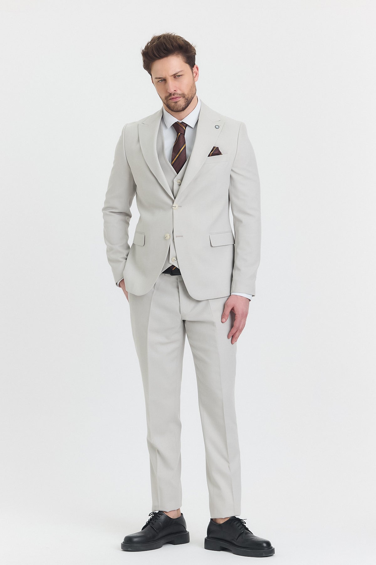 Guild Risan Slim Fit Krem Yelekli Takım Elbise