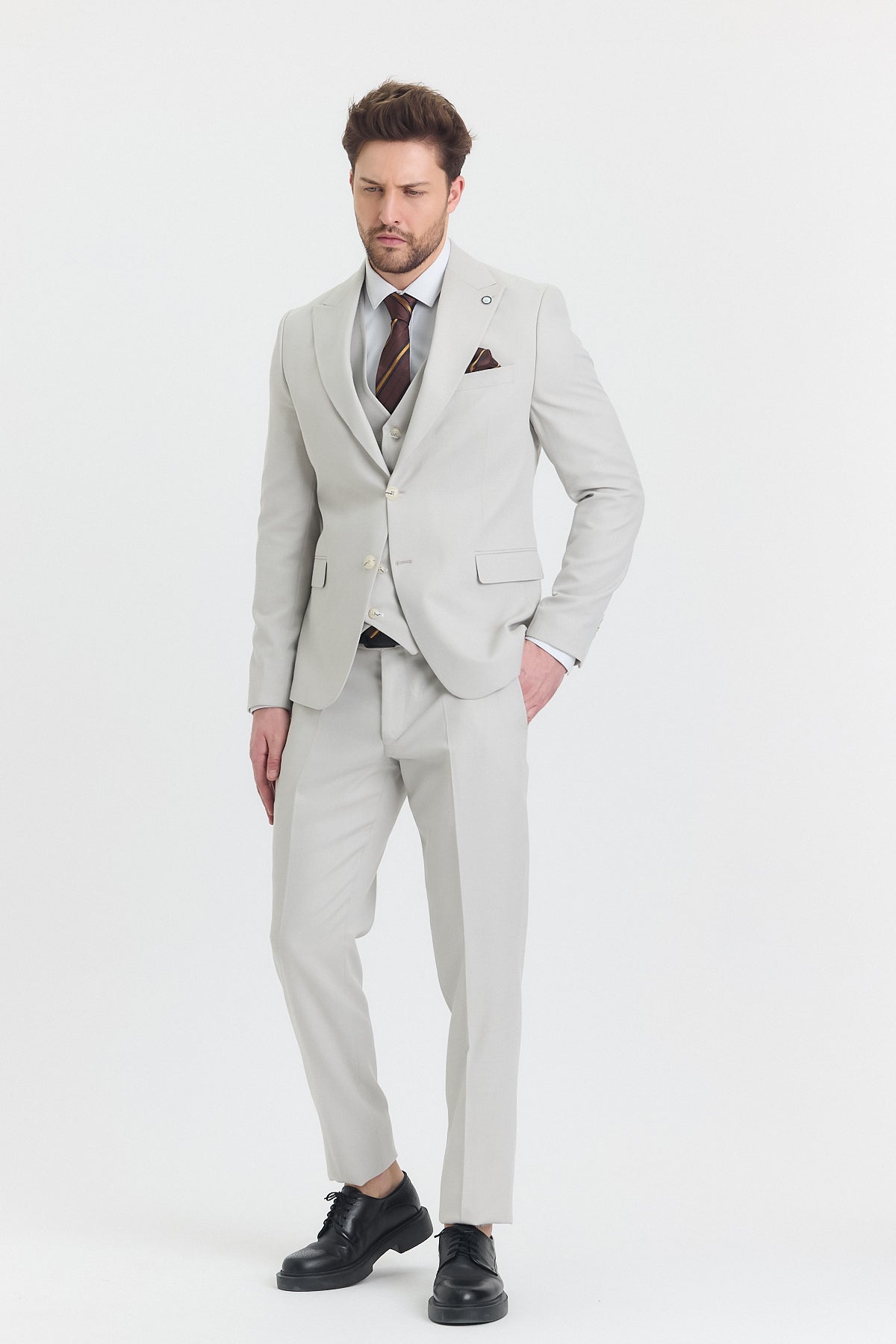Guild Risan Slim Fit Krem Yelekli Takım Elbise