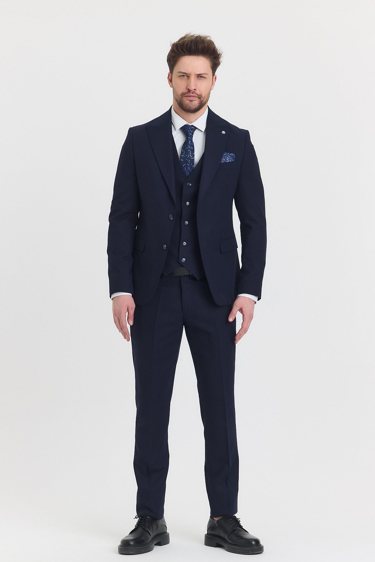 Guild Risan Slim Fit Lacivert Yelekli Takım Elbise