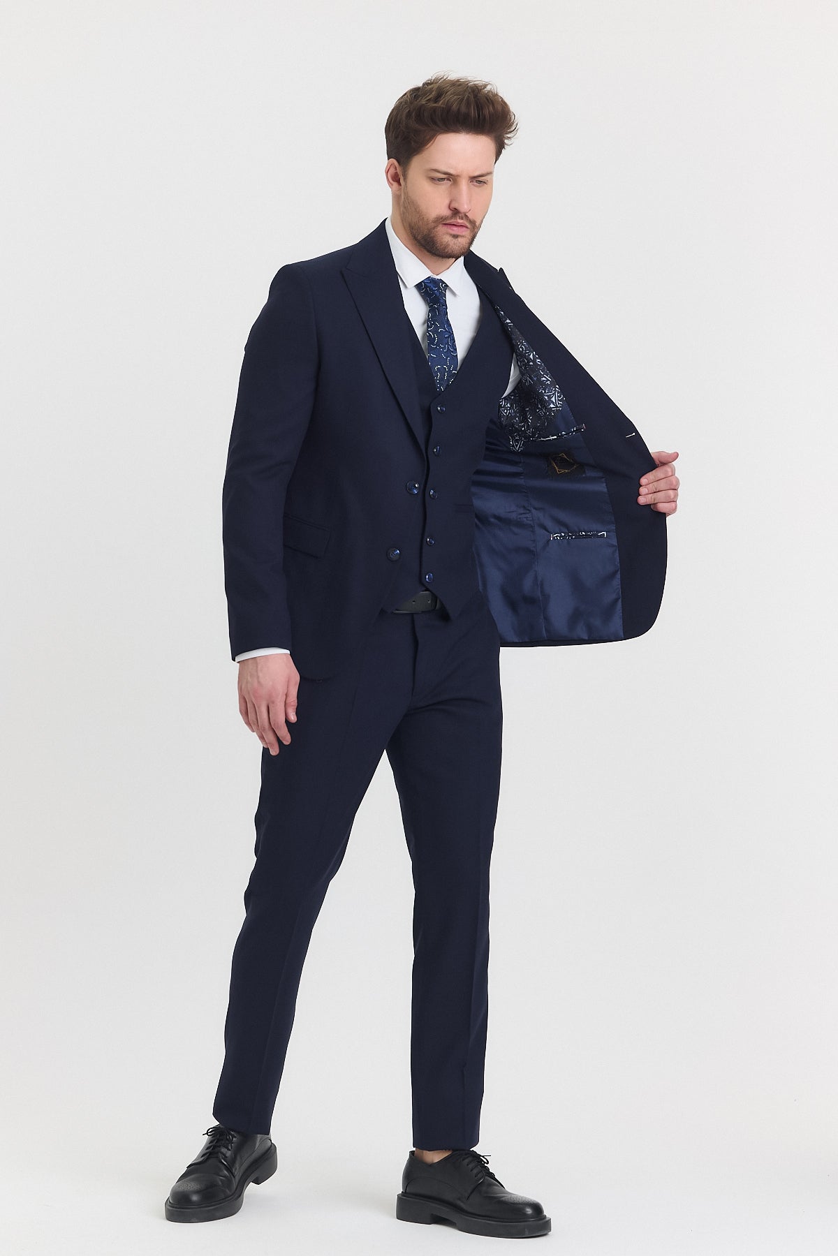 Guild Risan Slim Fit Lacivert Yelekli Takım Elbise