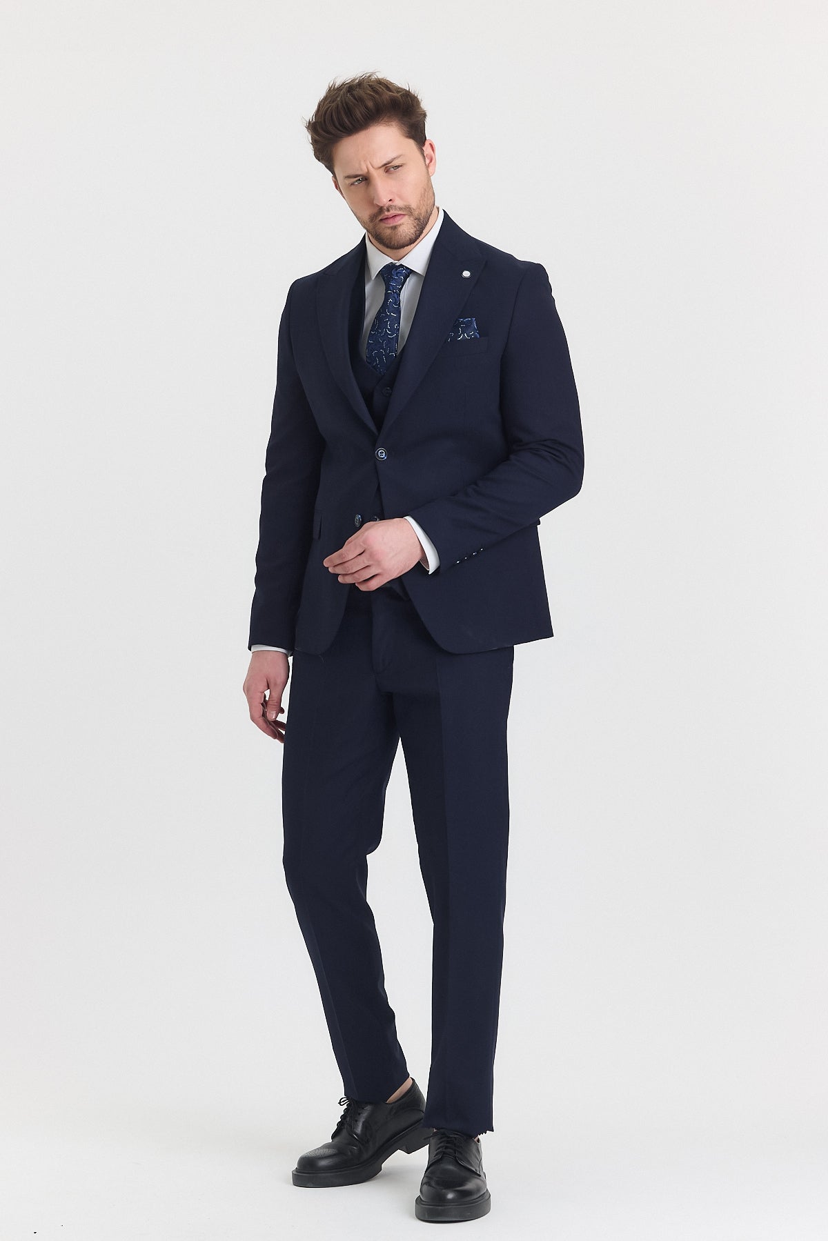Guild Risan Slim Fit Lacivert Yelekli Takım Elbise