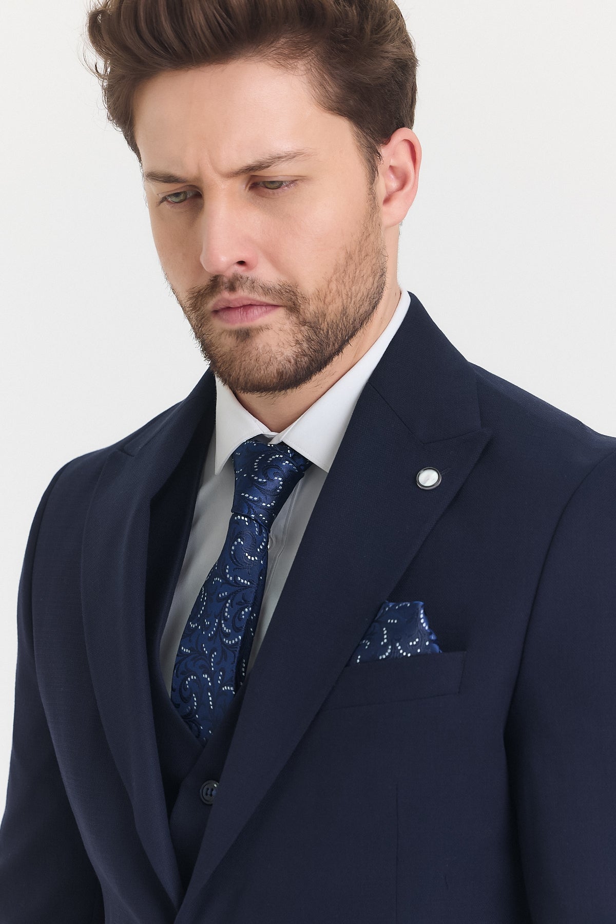 Guild Risan Slim Fit Lacivert Yelekli Takım Elbise