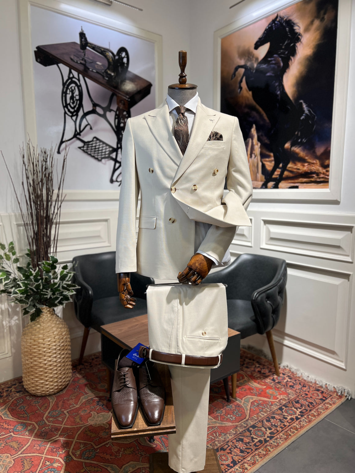 Guild Slim Fit Rubik Cream Double Breasted Suit
