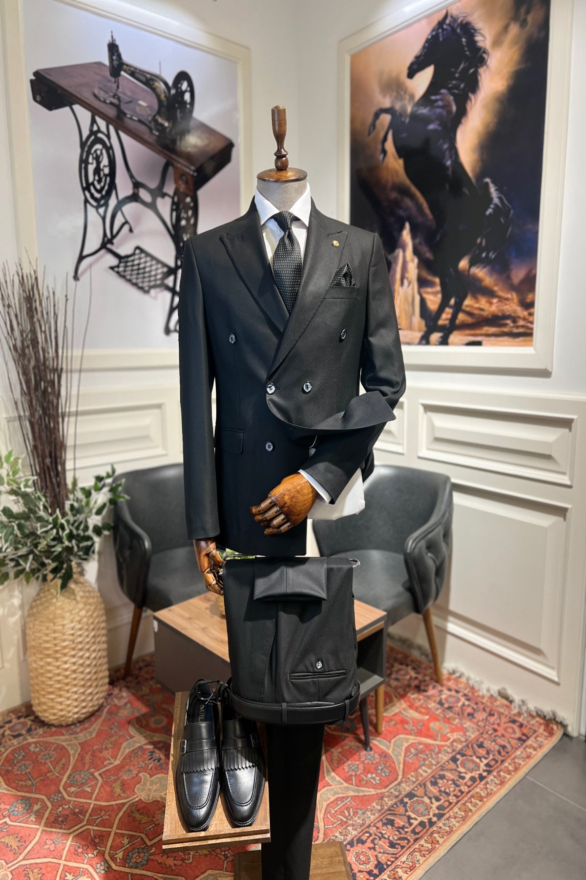 Guild Full Set Slim Fit Erkek Kruvaze Siyah Takım Elbise