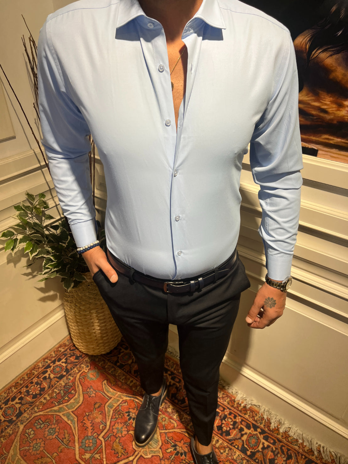 Guild Slim Fit Satin Light Blue Shirt