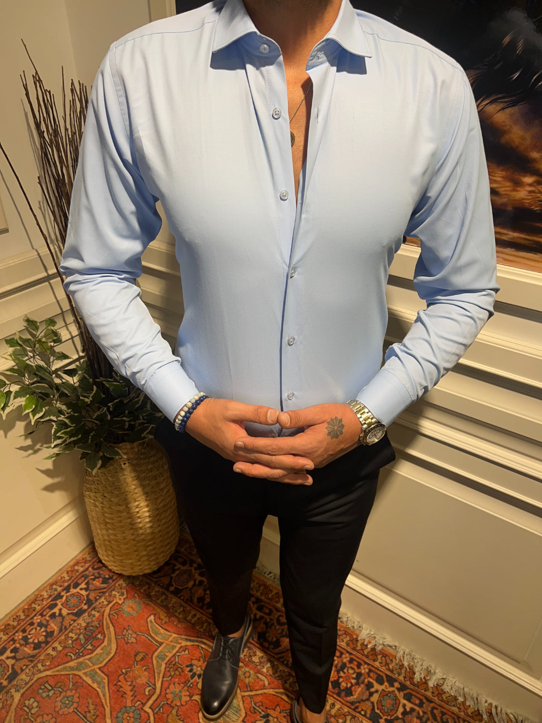 Guild Slim Fit Satin Light Blue Shirt