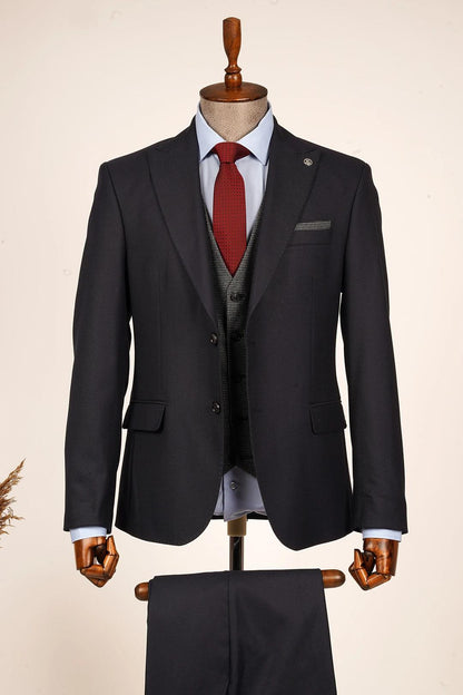 Dresden Wool Effect Combined Vested Navy Blue Suit 