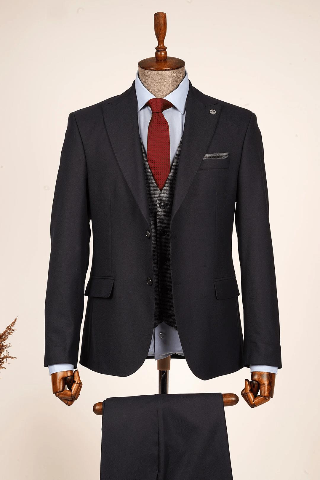 Dresden Wool Effect Combined Vested Navy Blue Suit 