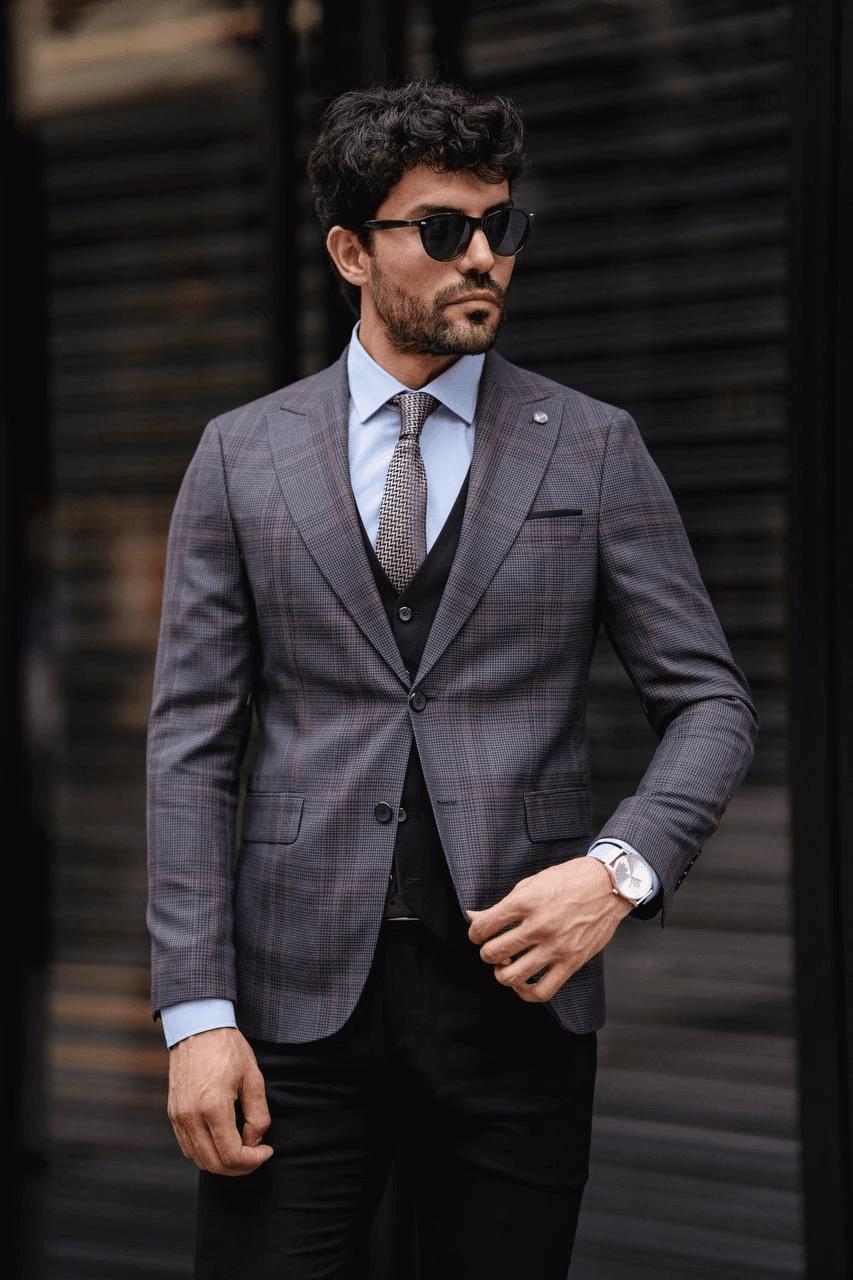 Guild Fermana Slim Fit Black Plaid Suit 