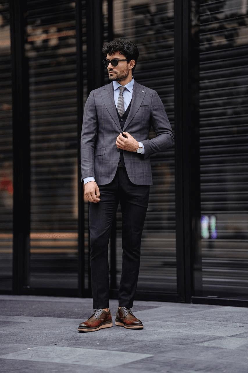 Guild Fermana Slim Fit Black Plaid Suit 