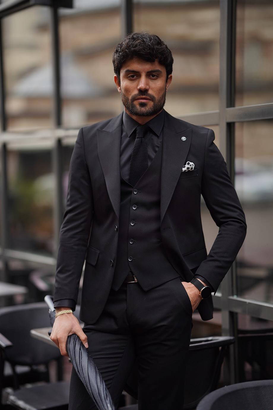 Guild Siyah Yelekli Takım Elbise Slim Fit