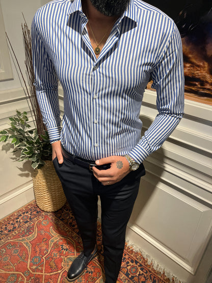 Guild Slim Fit Cotton Striped KING Blue Shirt 7036