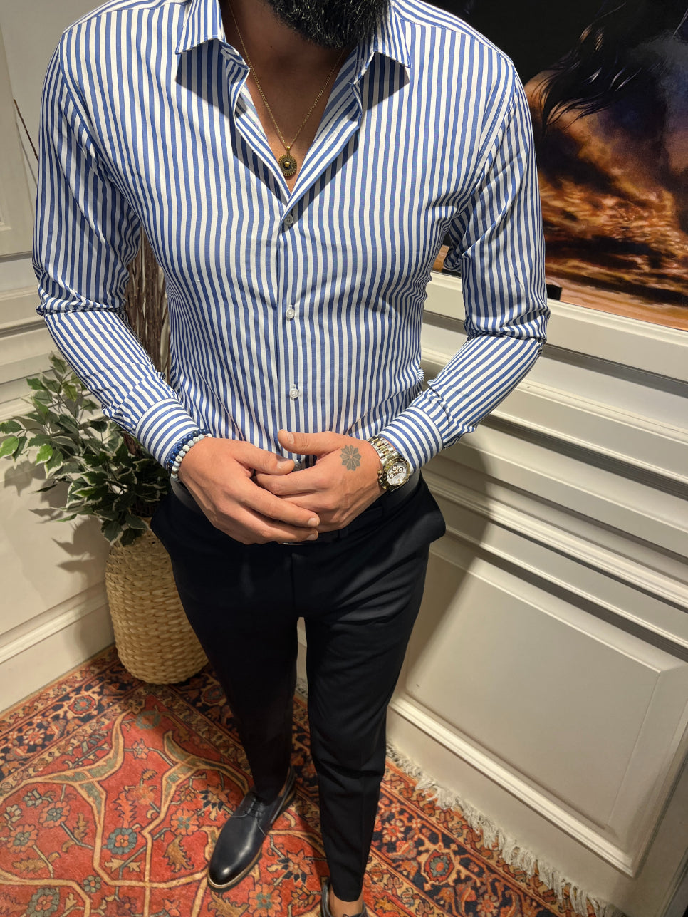 Guild Slim Fit Cotton Striped KING Blue Shirt 7036