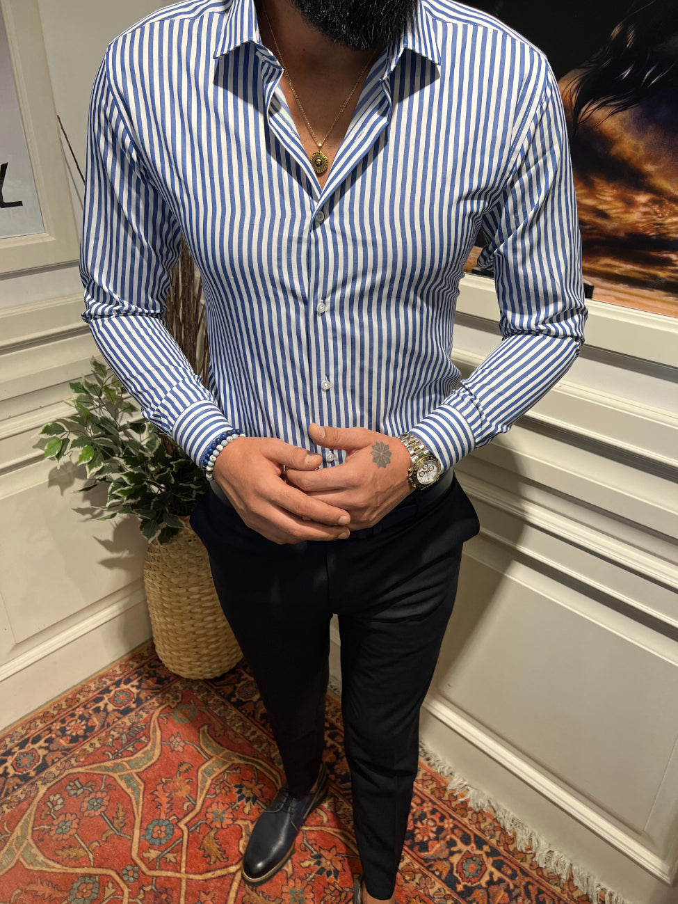 Guild Slim Fit Cotton Striped KING Blue Shirt 7036