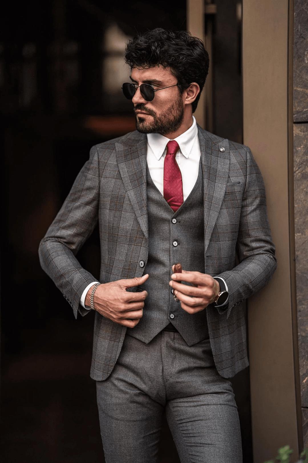 Guild Fermana Slim Fit Gray Plaid Suit