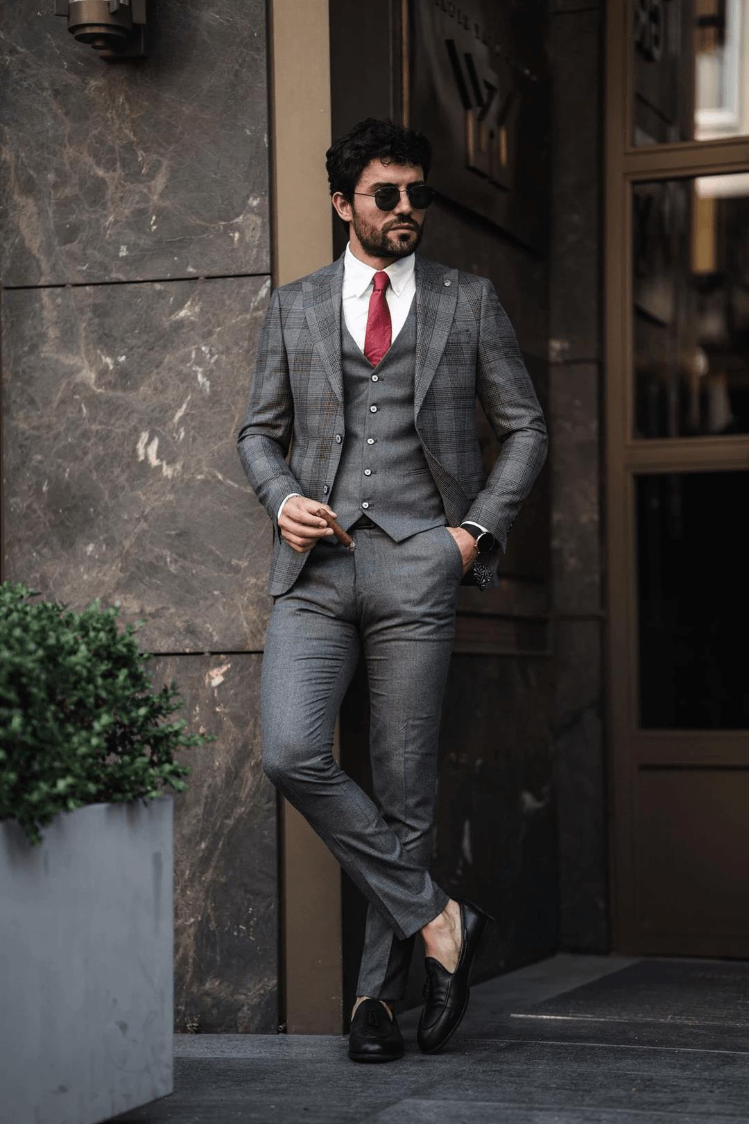 Guild Fermana Slim Fit Gray Plaid Suit