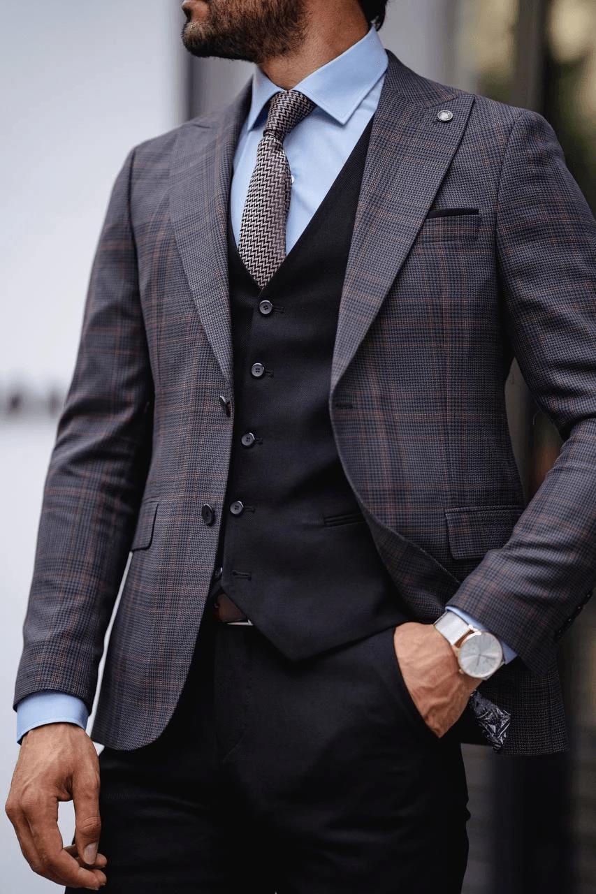 Guild Fermana Slim Fit Black Plaid Suit 