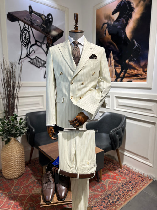 Guild Slim Fit Shkodra Cream Double Breasted Suit