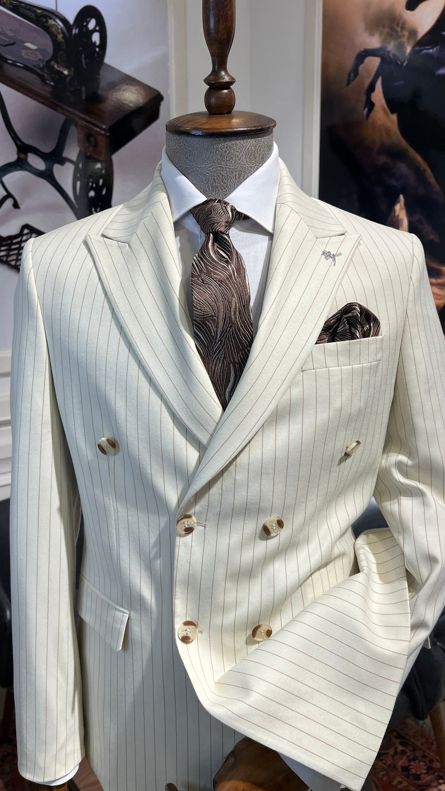 Guild Slim Fit Shkodra Cream Double Breasted Suit