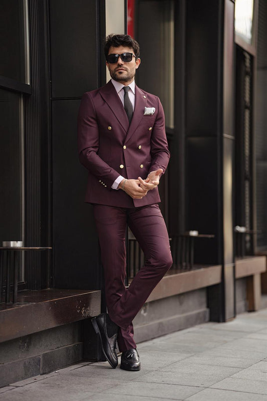 Guild Jesus Slim Fit Burgundy Double Breasted Suit